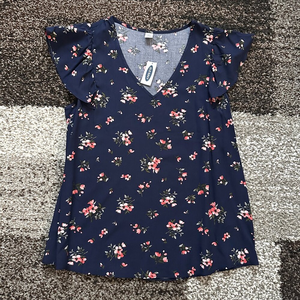 OLD NAVY (M) Navy Floral Flutter Sleeve V-Neck Top Blouse Pink Blue Print Light